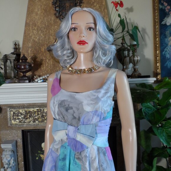 Moschino Cheap&chic Gray Multi Rose Print Sheath Dress w/Front Bow Detail Size 8 - Picture 4 of 16